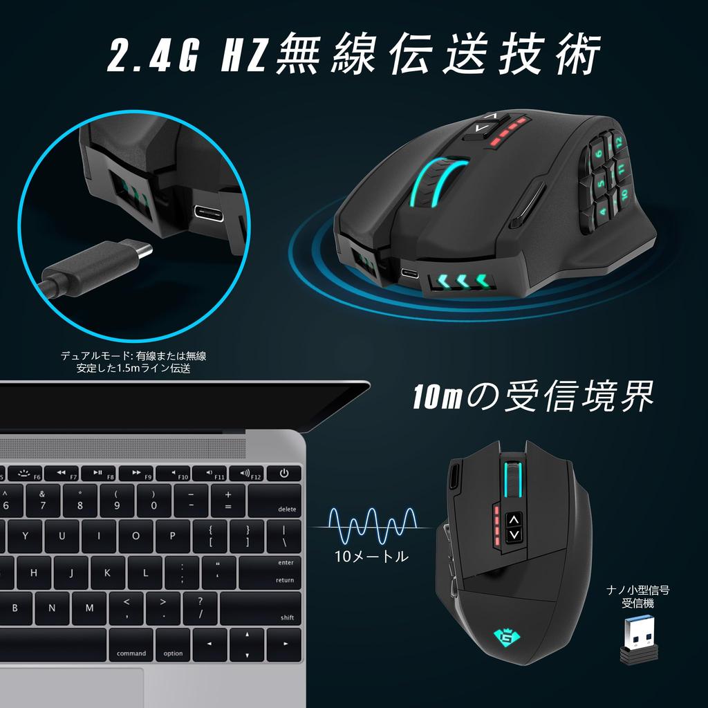 Gamspeed MMO Gaming Wireless 16000 1000Hz Polling DPI 16 Programmable Palm Grip Ergonomic Chroma RGB Mouse Lag-Free Mouse, DPI, Rate, 2.4GHz, 5-Level