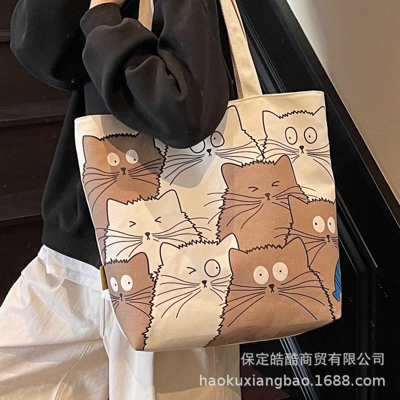 Canvas bag women's 2025 new summer large-capacity bag casual cartoon shoulder bag college student class tote bag