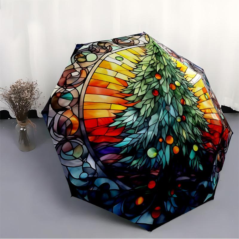 1pc Christmas Tree Stained Glass Automatic Open/Close Umbrella, Portable Folding Umbrella, Compact Travel Umbrella for076