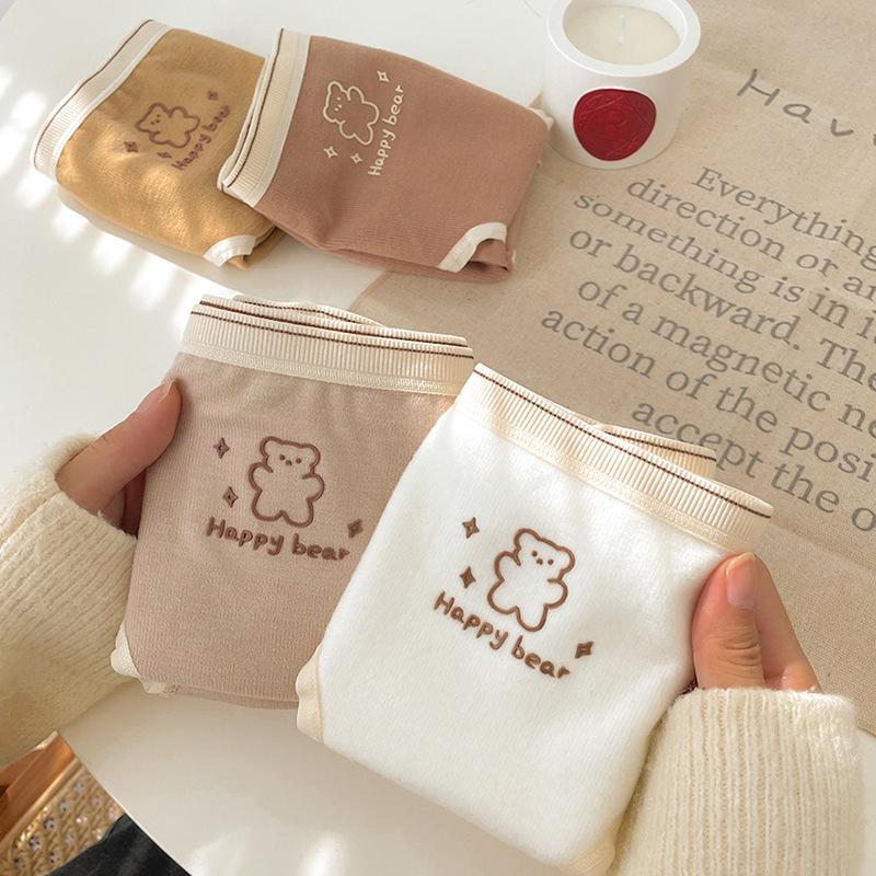 Autumn and Winter Imitation German Fleece Brushed Women's Panties Cute Girls Crotch Comfortable Teenage Cartoon Bear Mid-waist Panties