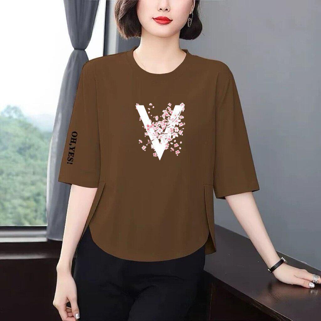 

Seven-Sleeve Floral T-Shirt for Women: Loose, Slimming, Tummy-Concealing, Versatile, Age-Reducing Design for Middle-Aged and Elderly. 3XL