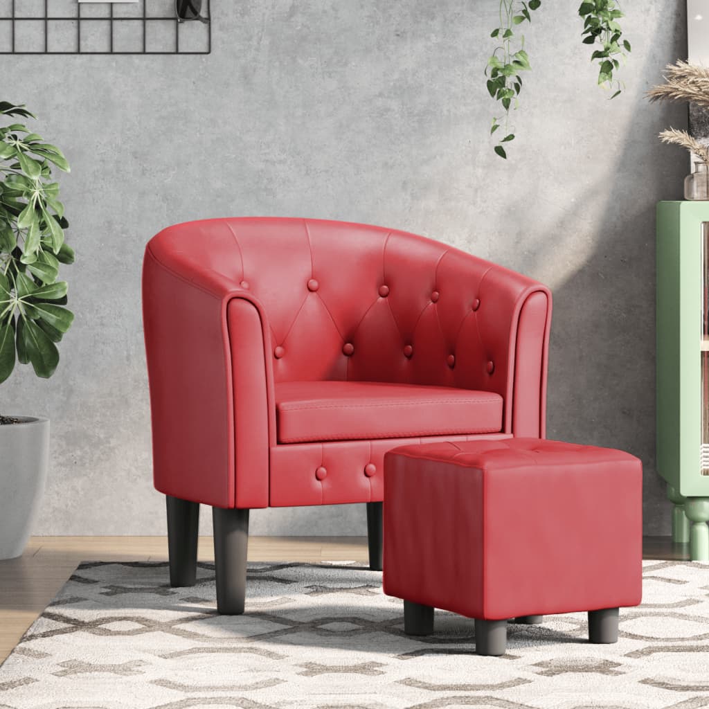 Club Armchair with Footstool Burgundy PU Leather