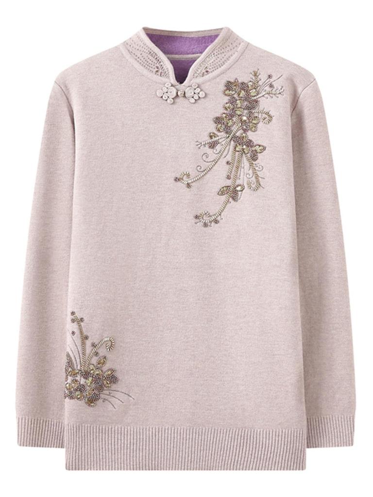 Mom's Chinese Embroidered Top: Fashionable Plus Velvet Sweater for Middle-Aged & Elderly Women, Autumn/Winter Base Layer