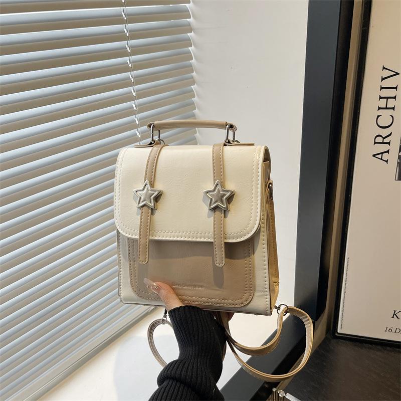 Vintage Star College Style PU Backpack for Women Thread Design Girls Satchel Shoulder Bag Student Portable Solid Color Handbags
