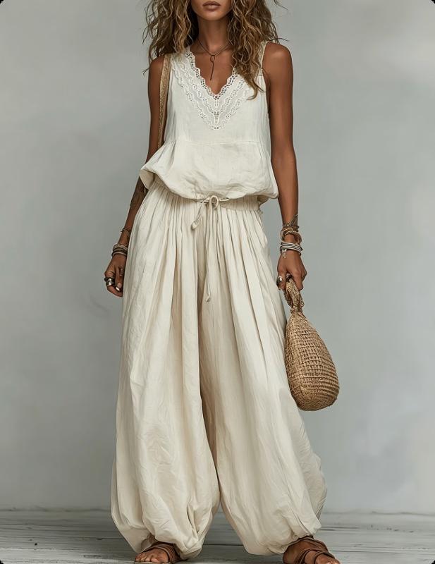 1116 European and American Fashion Bohemian Sleeveless V-neck Vest + Lantern Wide-leg Pants