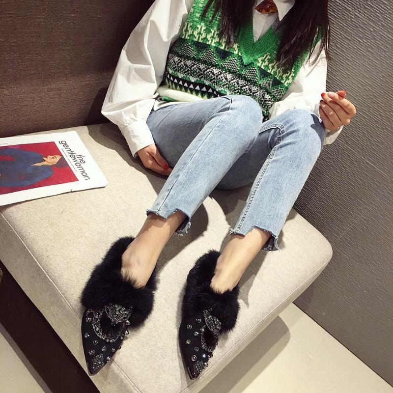 Winter Trend Rivet Fox Head Women Fluffy Single Shoes Women Pointed Belt Drill Wear Thermal Cotton Shoes Snow Boots Zapatos Muje