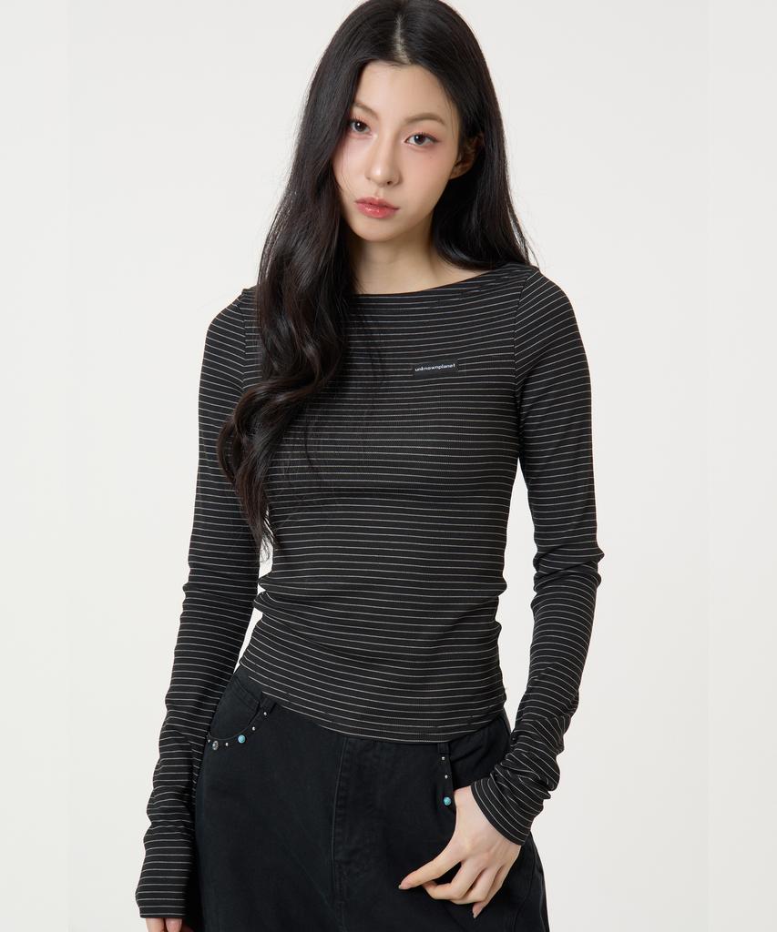 UNKNOWN PLANET Slim Striped Boat Neck Long Sleeve Top Black