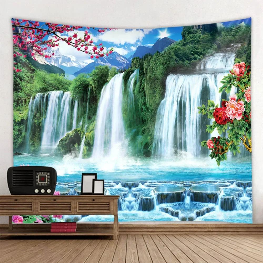 Natural Waterfall Grand Tapestry Green Jungle Landscape Bohemian Wall Hanging Cloth Hippie Home Background Poster
