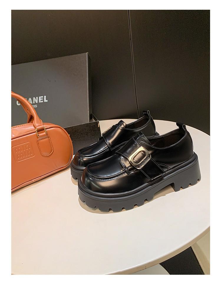 

British style platform heightening small leather shoes for women 2025 autumn and winter metal Velcro versatile loafers for women 35 чёрный