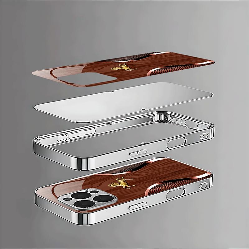 Golden Horse Wood Texture Tempered Glass Phone Case For iPhone 17 16 15 14 13 12 11 Pro Max Plus Air Electroplate Silver Cover
