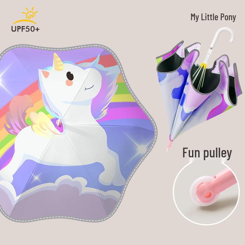 Children's Safety Cartoon Umbrella with Black Glue, Reflective Edging, and Crook Handle