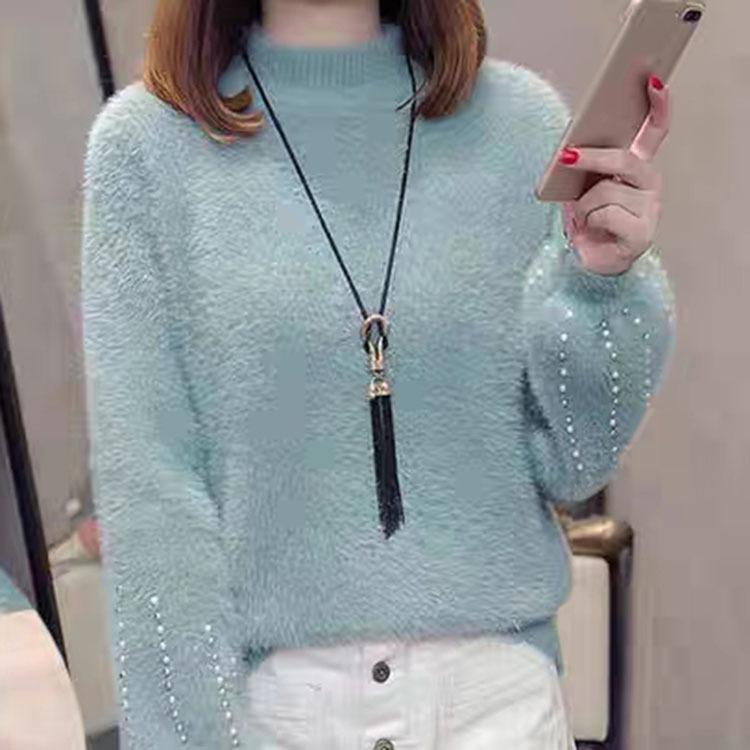 Perlen-Pullover mit langen Ärmeln für Damen, Herbst/Winter, Koreanisch, Einfach, Halbhoher Kragen, Faux Marder, Weicher Strick