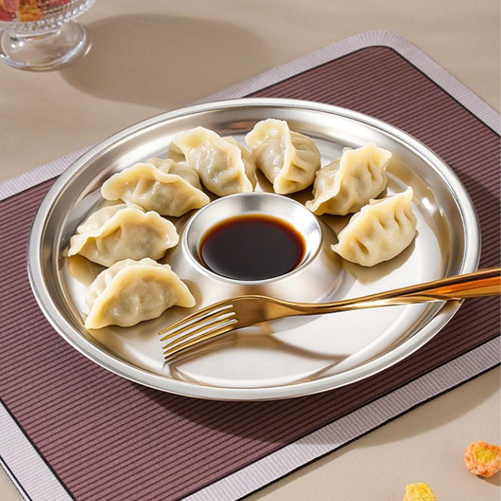 Salad Plate Stainless Steel Dumpling Plate Circular Shape Drop-proof French Fries Plate Tableware Convenient Snack Plate Fruit