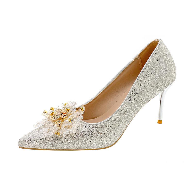 Fashion Women's Fashion Pointy Toe Shallow Mouth Beaded Flower Full Sequin Set Foot Non-slip Slim Heel Shoes New Summer High Heels