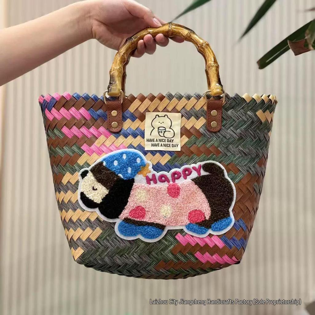 Elegant Handmade Bamboo Woven Tote – Stylish Rattan-Style Beach & Makeup Bag