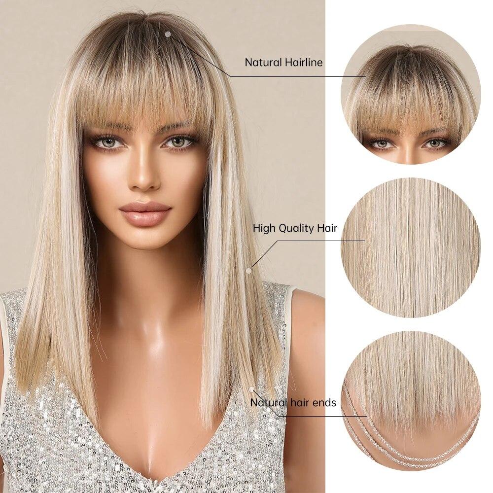 Peruci sintetice drepte mătăsoase blonde cu breton Perucă lungă medie platină naturală pentru femei Cosplay rezistentă la căldură