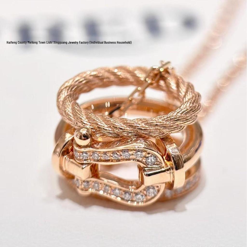 18K Rose Gold Horseshoe Waist Necklace - Full Diamond, Braided Design, Light Luxury Fashion