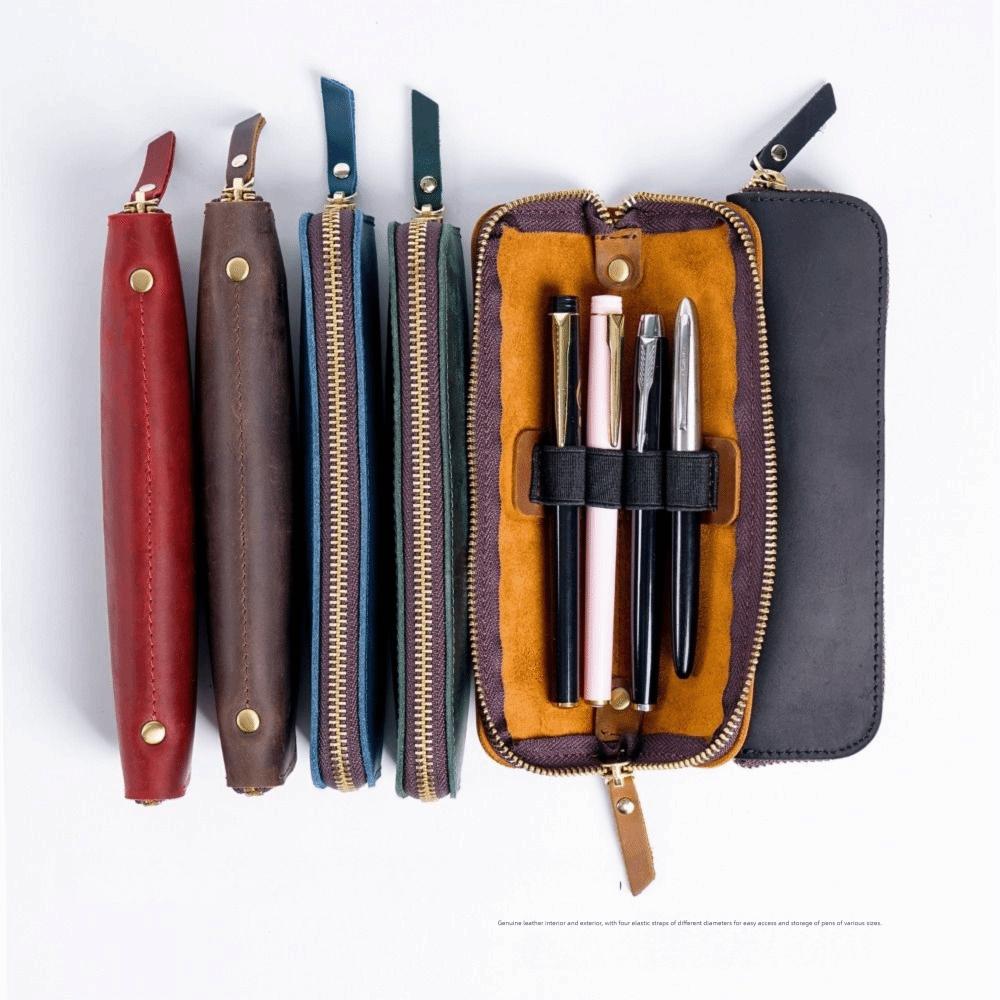 Portable Handmade Pencil Case Cowhide Compact Pen Bag Retro Zipper Closure Pen Protective Sleeve School Supplies