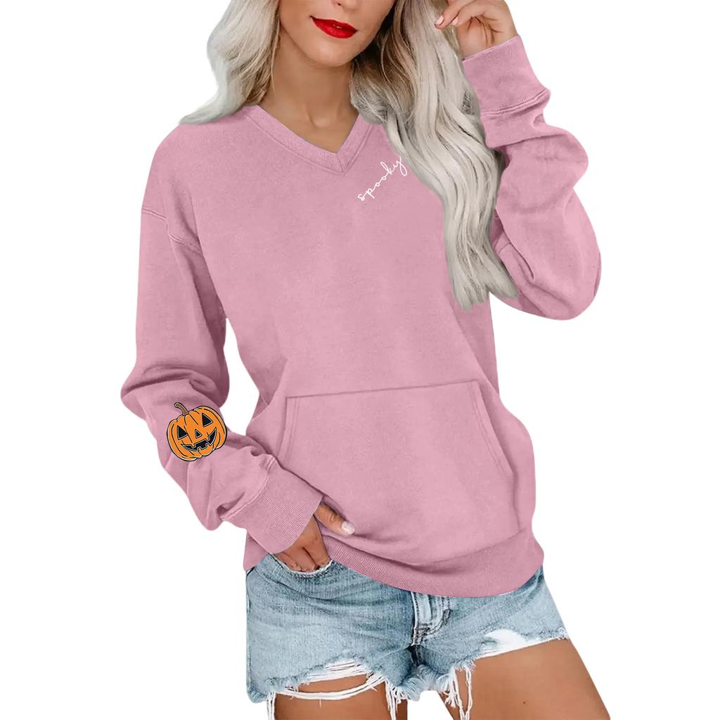 Women's Casual Fashion Halloween Print V-Neck Long-Sleeve Sweatshirt Lightweight Pullover Hoodie With Pockets