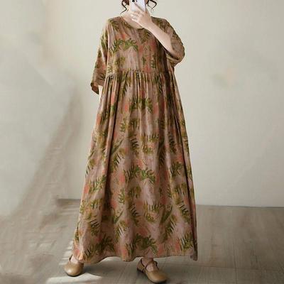 Short Sleeve Plus Size Cotton Vintage Floral New In Dresses for Women Casual Loose Long Summer Dress