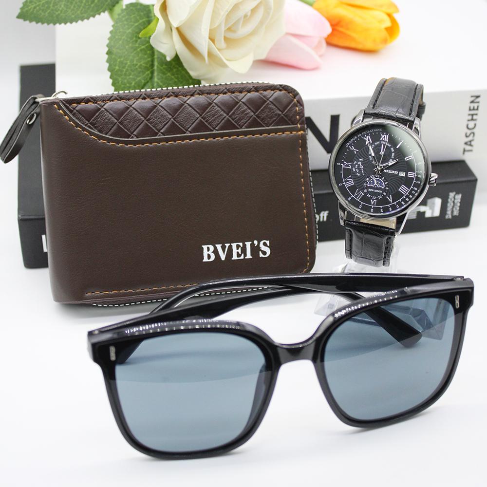 3pcs Set Sports Watches Outdoor Sunglasses Cartera Coach Wallet Portable Leather Men's Casual Sports Watch for Outdoor Sports