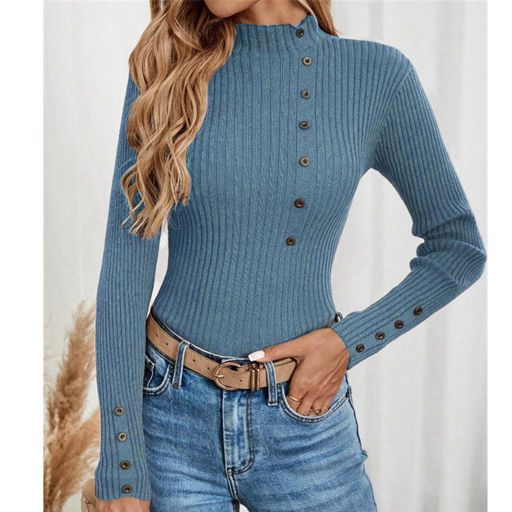 Women's Casual Solid Color Slim Button Knit Sweater Long Sleeved Base Sweater Sweater