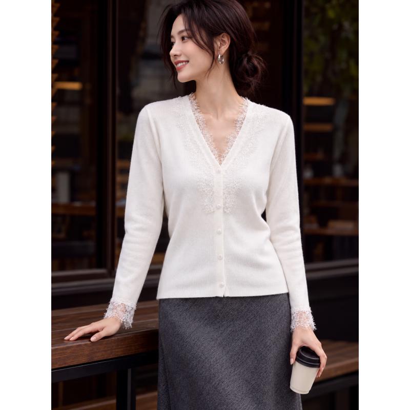 Basic House Women's V-Neck Lace-Trim Long-Sleeve Knit Top