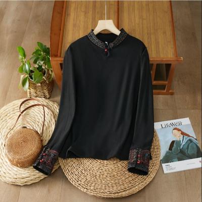 Herbst Winter Neu Nationaler Stil Damen Ethnisch Retro Literarisch Stickerei Hoher Kragen Bestickt Unterzieh Langarm T-Shirt