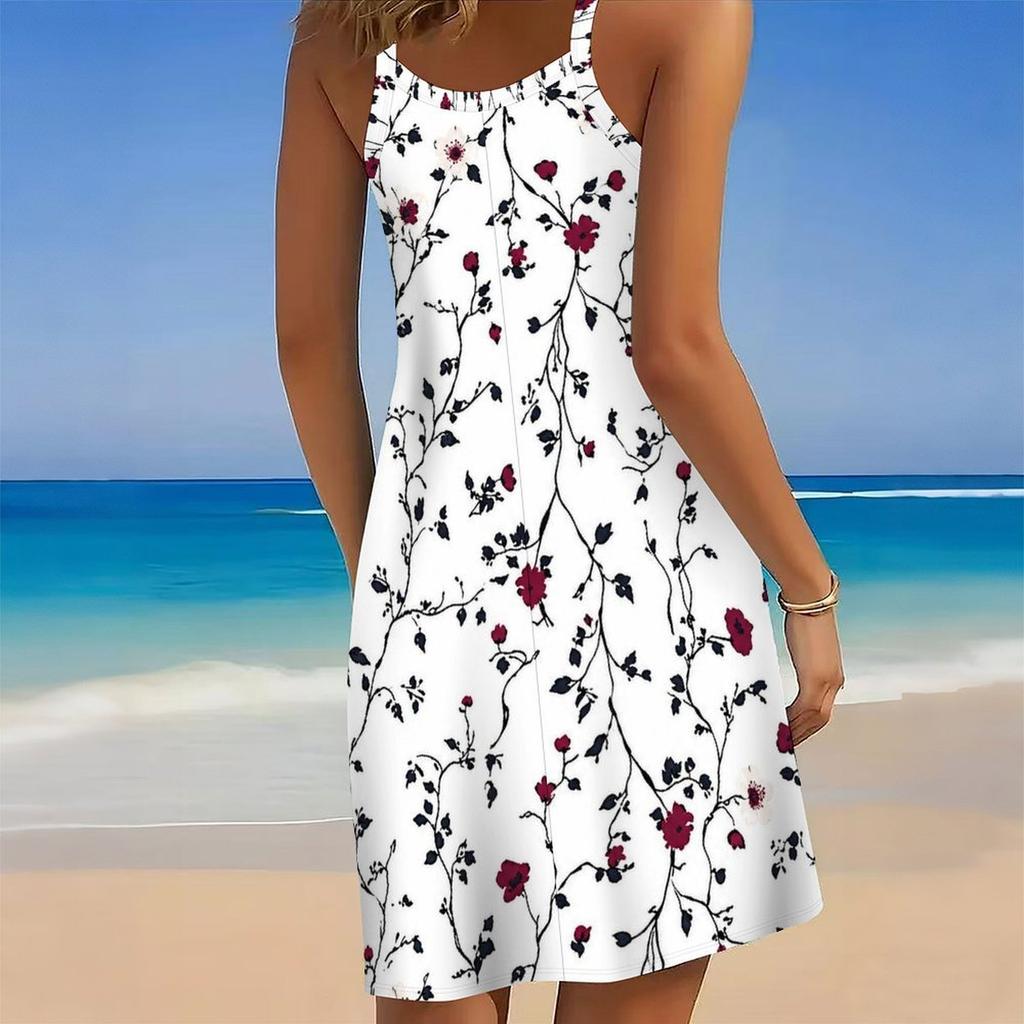 Women Plus Size Scoop Neck Sleeveless Floral Printed Loose Fit Curved Hem Cami Beach Dress