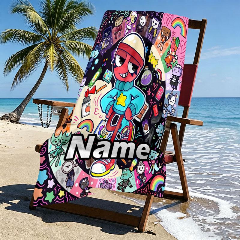 Custom Name Personalized Dandy's World Print Beach Towel, for Trip Camping Beach Party Home Decor, Birthday Gift for Family & Friends