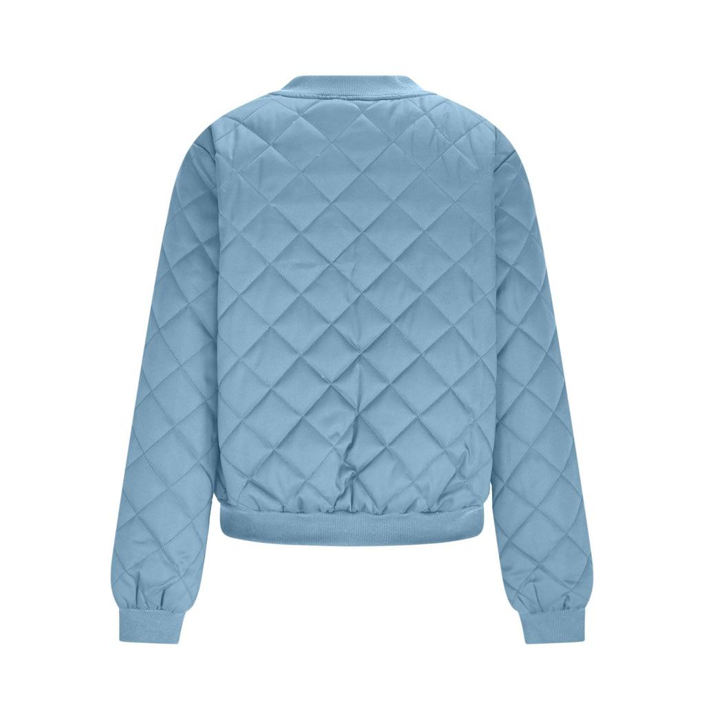 Ladies Zipper Long Sleeve Stand Collar Check Slim Baseball Padded Top Blouse Jacket Coat