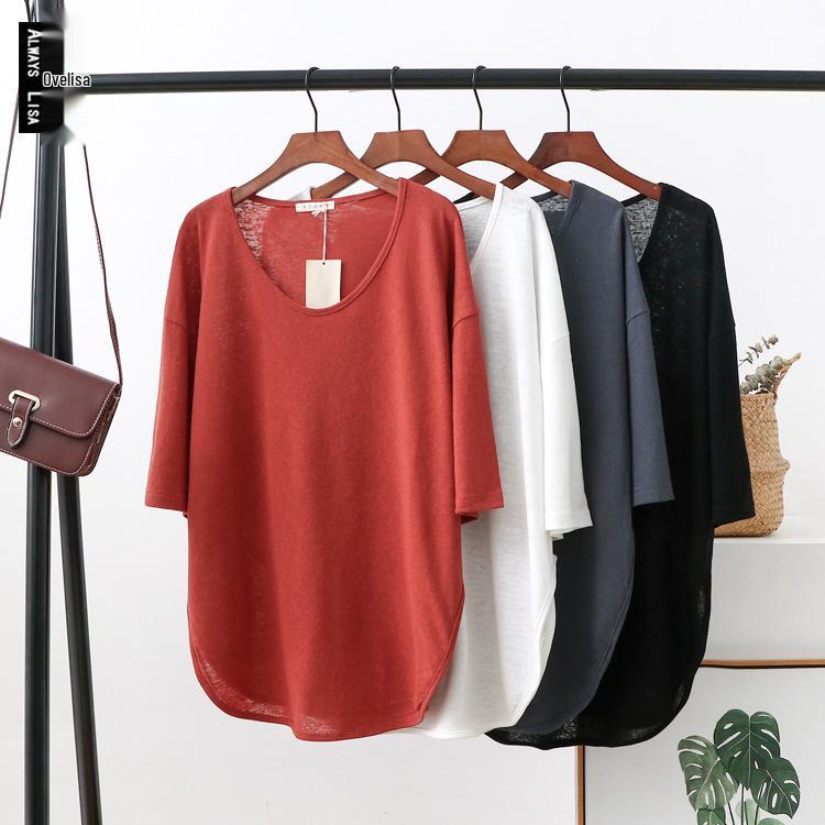 Women's Korean-Style Summer Cotton Linen Round Neck Shirt, Loose Fit, Mid-Sleeve, Plus Size Casual Top