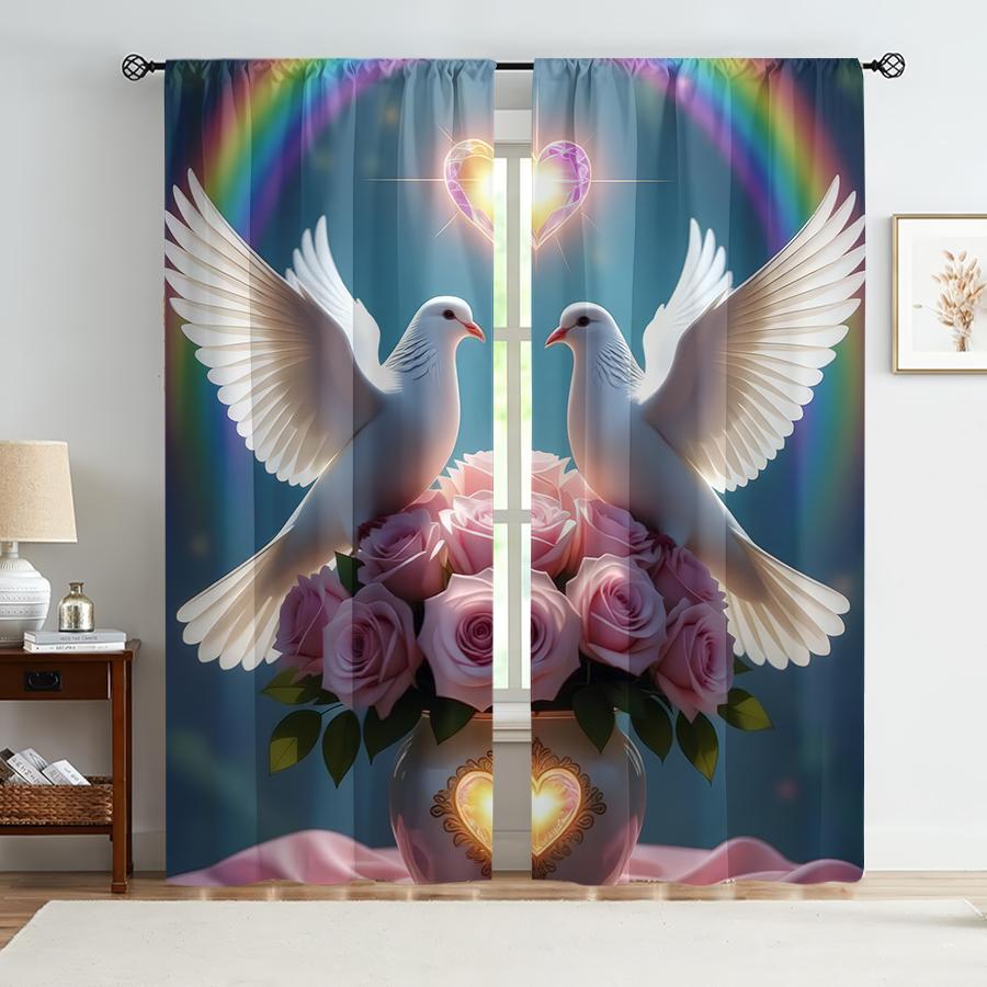 

Colorful Dove Pink Rose Love Curtains Rainbow Romantic Valentine Day Style Bedroom Living Room Pull Up Pocket Curtain Set Of 2 Made Polyester Washable W100*H70(CM)-Grommet top&1PCS