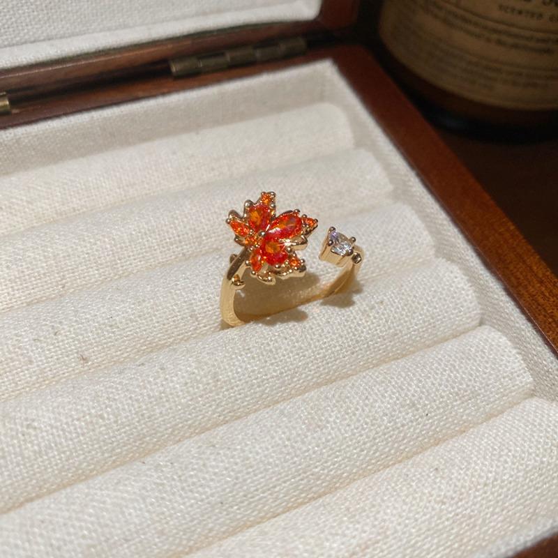 K real gold electroplated zircon maple leaf bow open ring new Chinese index finger ring niche design ring