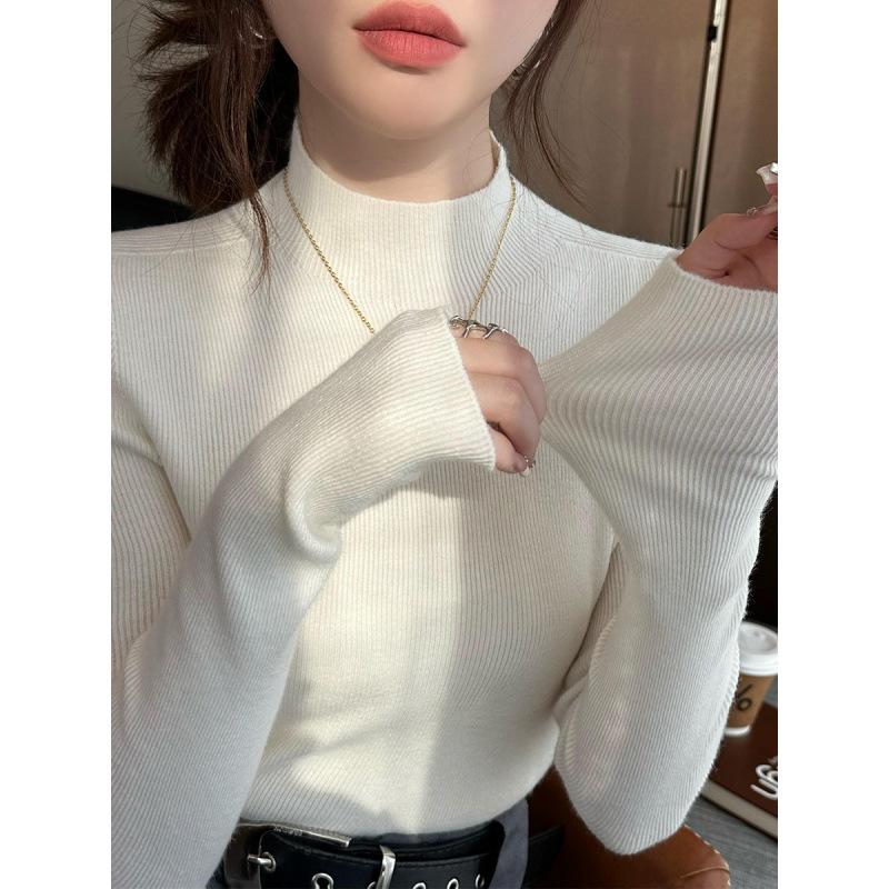 Knitted bottoming shirt for women's spring and autumn new models with gray semi-turtleneck sweater slim-fitting long-sleeved knitted top for women