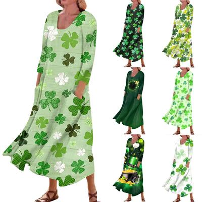 Women's Casual Comfortable St. Patrick's Day Print Three Quarter Sleeves Cotton Pocket Dress