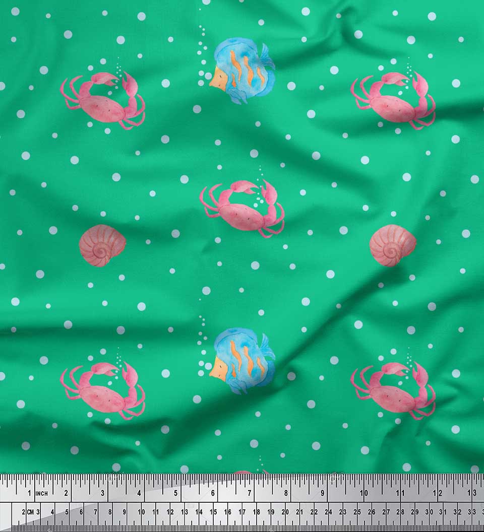 

Тканина Soimoi Blue Poly Crepe Dots & Crab Ocean Print Тканина на метр 42 дюйма 42 Inch Wide - Poly Crepe зелений