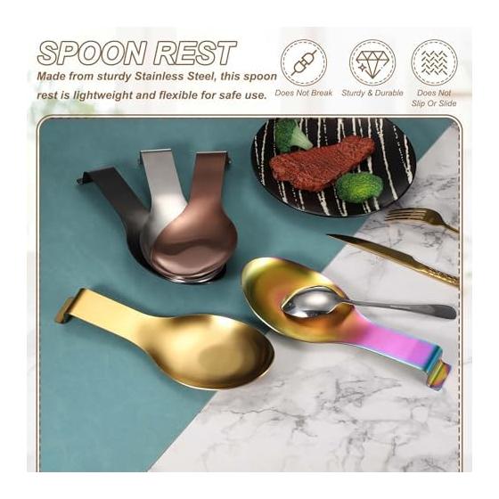 uxcell Spoon Rest, 10.6 x 3.7 Inch Stainless Steel Heat Resistant Spoon Holder Kitchen Utensil Stand with Hook for Stovetop, Rose Gold Tongs Spatula