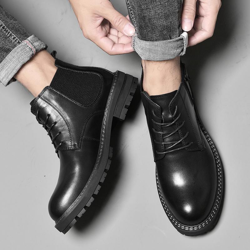 FashionHigh Quality Genuine Leather Motocycle Boots Mens Dress Shoes Upscale Men Boots Retro Casual Shoes Male Business Platform Shoes
