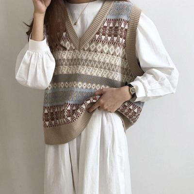 Women Sweater Vest Autumn Vintage Geometric Argyle V Neck Women Sweater Vest Autumn Vintage Geometric Argyle V Neck
