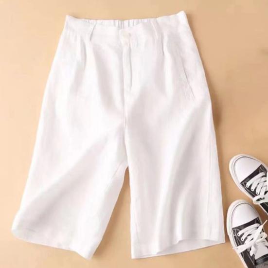 High Waist Elastic Waistband Women Shorts Button Fly Pockets Knee Length Straight Wide Leg Suit Short Pants Workwear