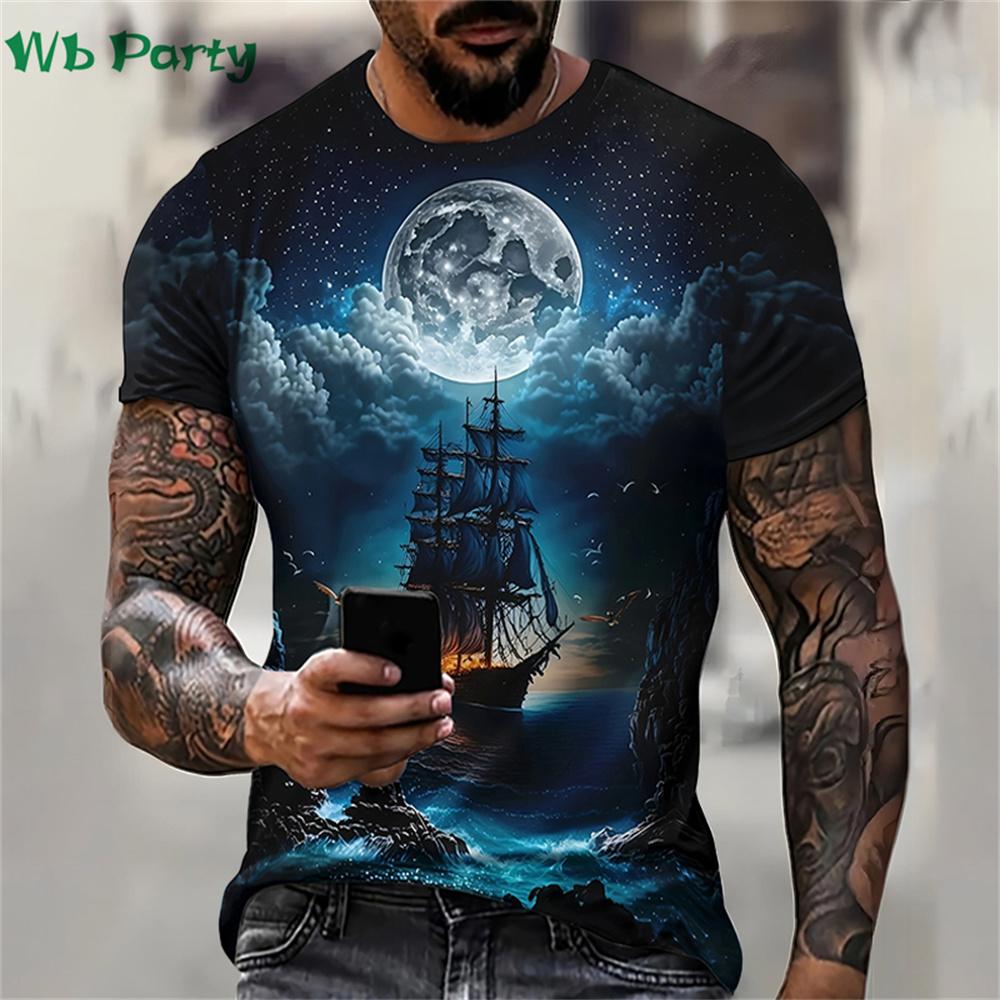Pirate Ship Pattern Print Mens Clothing T shirt for Men Short Sleeve Tee Gym Clothing Men Male T-shirt Pirate Ship Print Clothes
