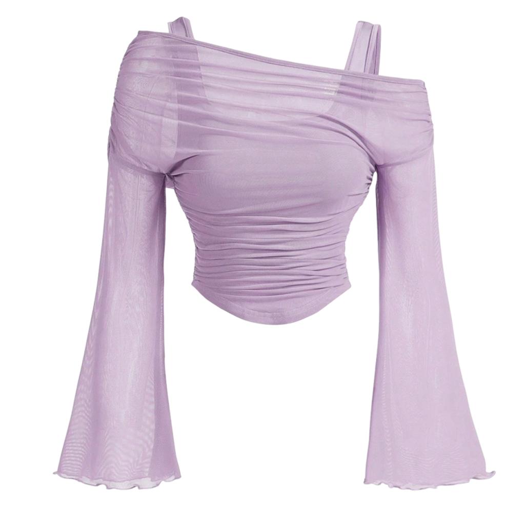 Women’s Ruched Mesh Long Sleeve Short Top Asymmetrical Neckline Fitted Blouse with Sheer Flared Sleeves for Daily Wear