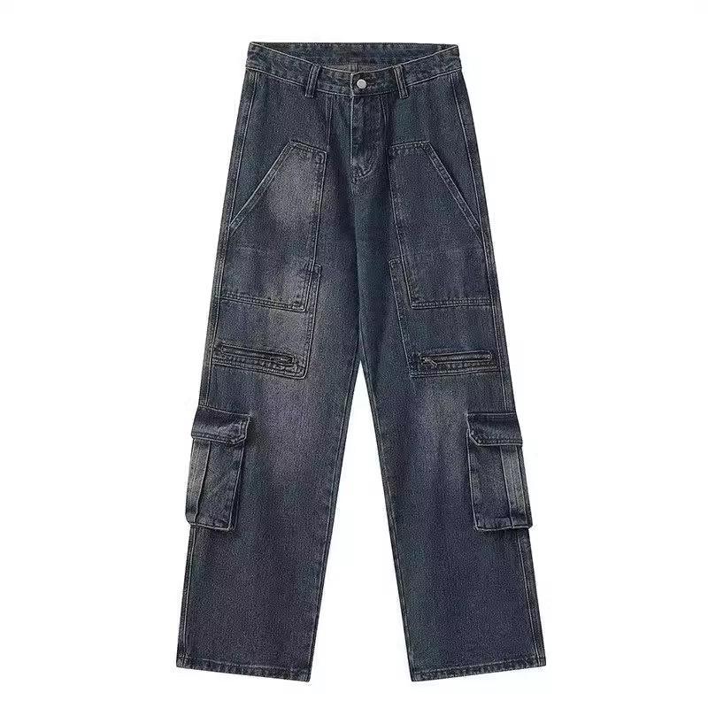Men Women Vintage Washed Denim Cargo Pants Loose Straight Fit Streetwear Trousers With Multiple Pockets