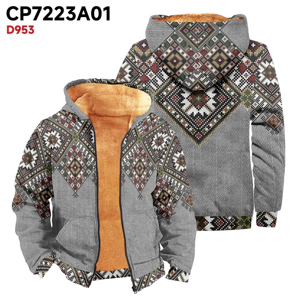 Men's Print Long Sleeve Pocket Coat Fashion Plus Velvet Overcoat