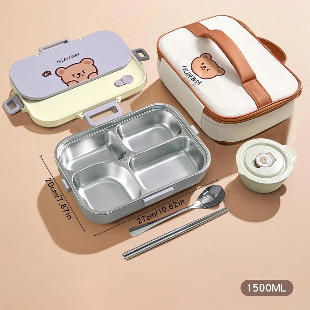 4/5 Grids Cartoon Lunch Container With Tableware 4/5 Compartment Portable 304 Stainless Steel Bento Lunch Box For Kids Students