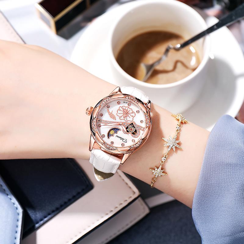 Watches Women Fashion Watch Automatic Mechanical Rhinestone Skeleton Dial Premium Leather Band Elegant Lady Watch New