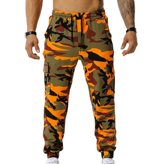 Men Sweatpants Camouflage Drawstring Elastic Waist Multi Pockets Streetwear Loose Ankle Tied Cargo Pants for Training Running Fitness