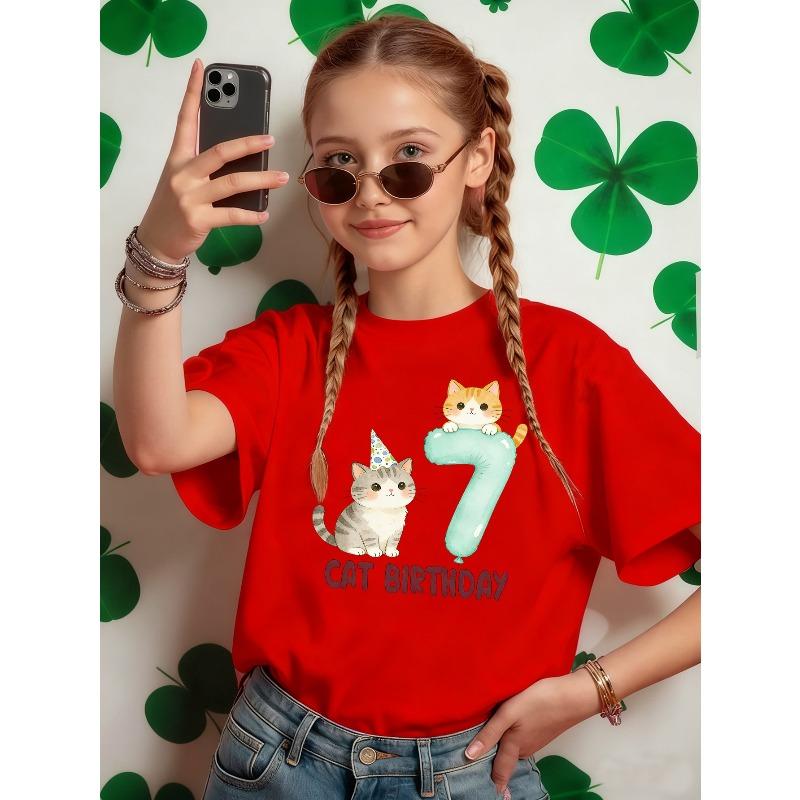 Girls Cat Birthday Cute Floral Print Crewneck T-Shirt, Spring Summer Versatile Kids Tee