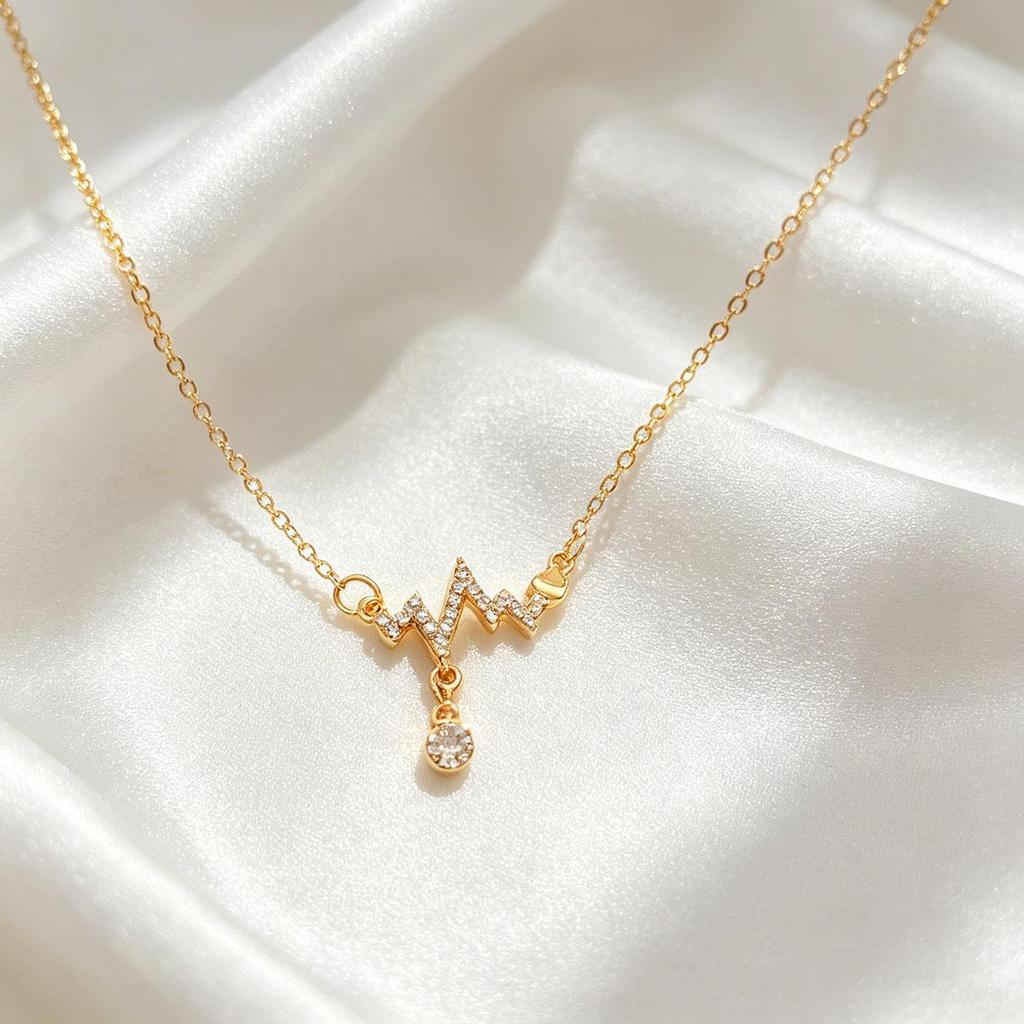Heartbeat Gold Necklace for Women, Simple Elegant Design, ECG Style Niche Fashion Internet Celebrity Cold Tone Collarbone Chain Trendy